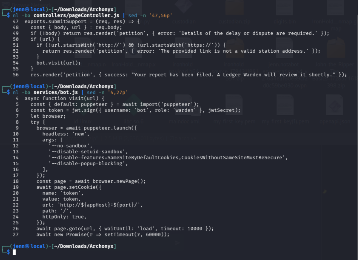 Report controller and Puppeteer bot showing authenticated JWT cookie